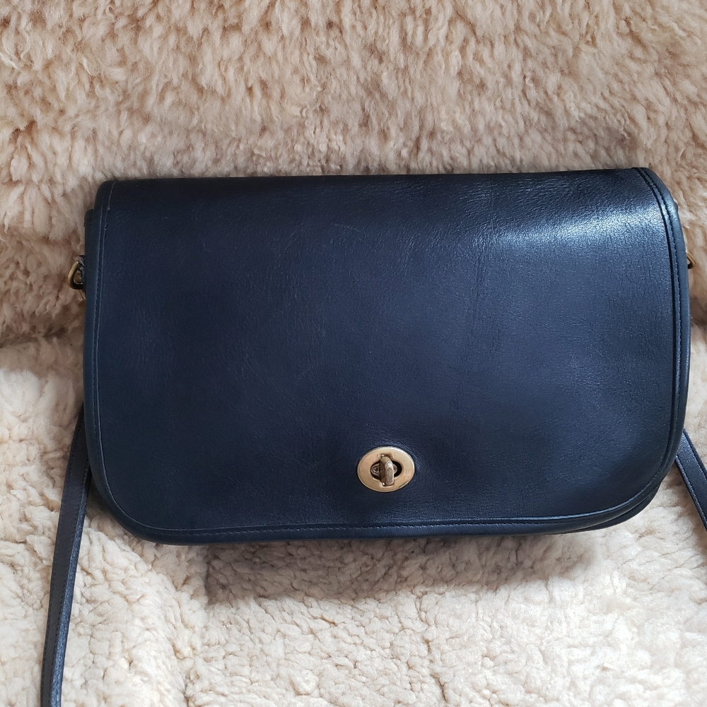 VTG Coach Convertible Clutch 9635 Navy Leather Brass Shoulder Bag 80s